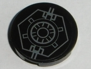 Lego Tile, Round 2 x 2 with Bottom Stud Holder with SW Hexagon with Circles Pattern (Sticker) - Set 75101 / Black